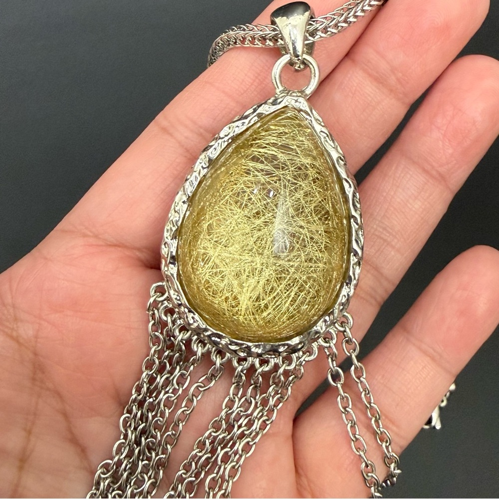 Stainless Steel Golden Rutilated Quartz Teardrop Fringe Pendant 29” Necklace - Picture 12 of 14